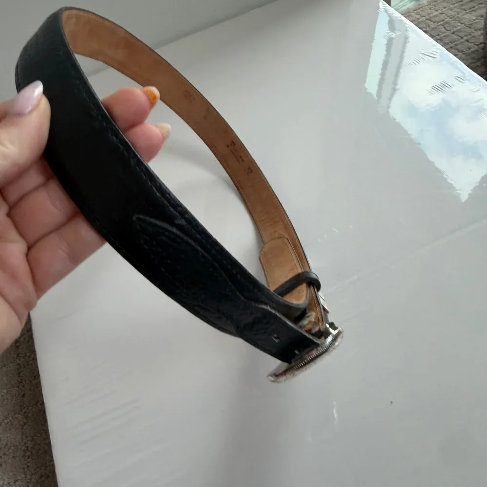 Vintage Fisher Western Style Silver-Toned Buckle Black Leather Belt